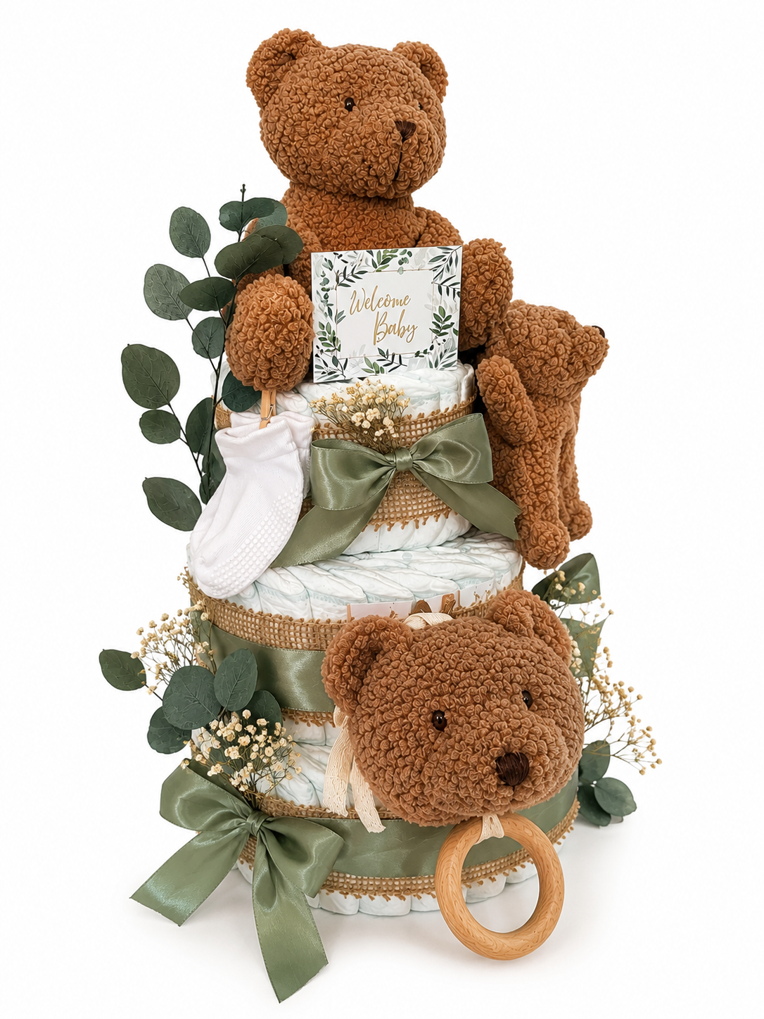 Windeltorte Teddybär Mika | neutral zur Geburt (2- oder 3-stöckig)