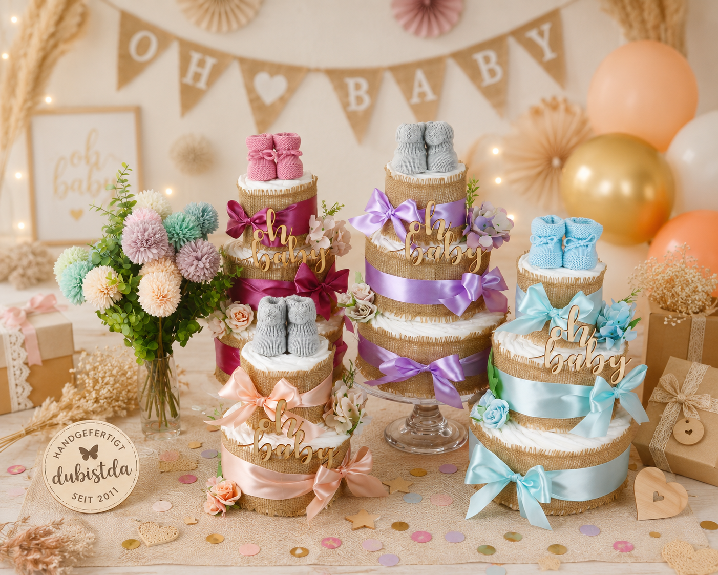 Five diaper cakes in pink, lilac, apricot and blue displayed on a festively decorated baby-shower table