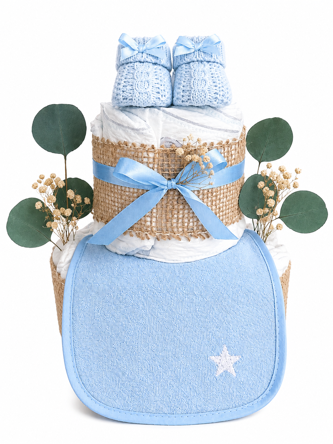 Windeltorte Blau mit Lätzchen & Booties