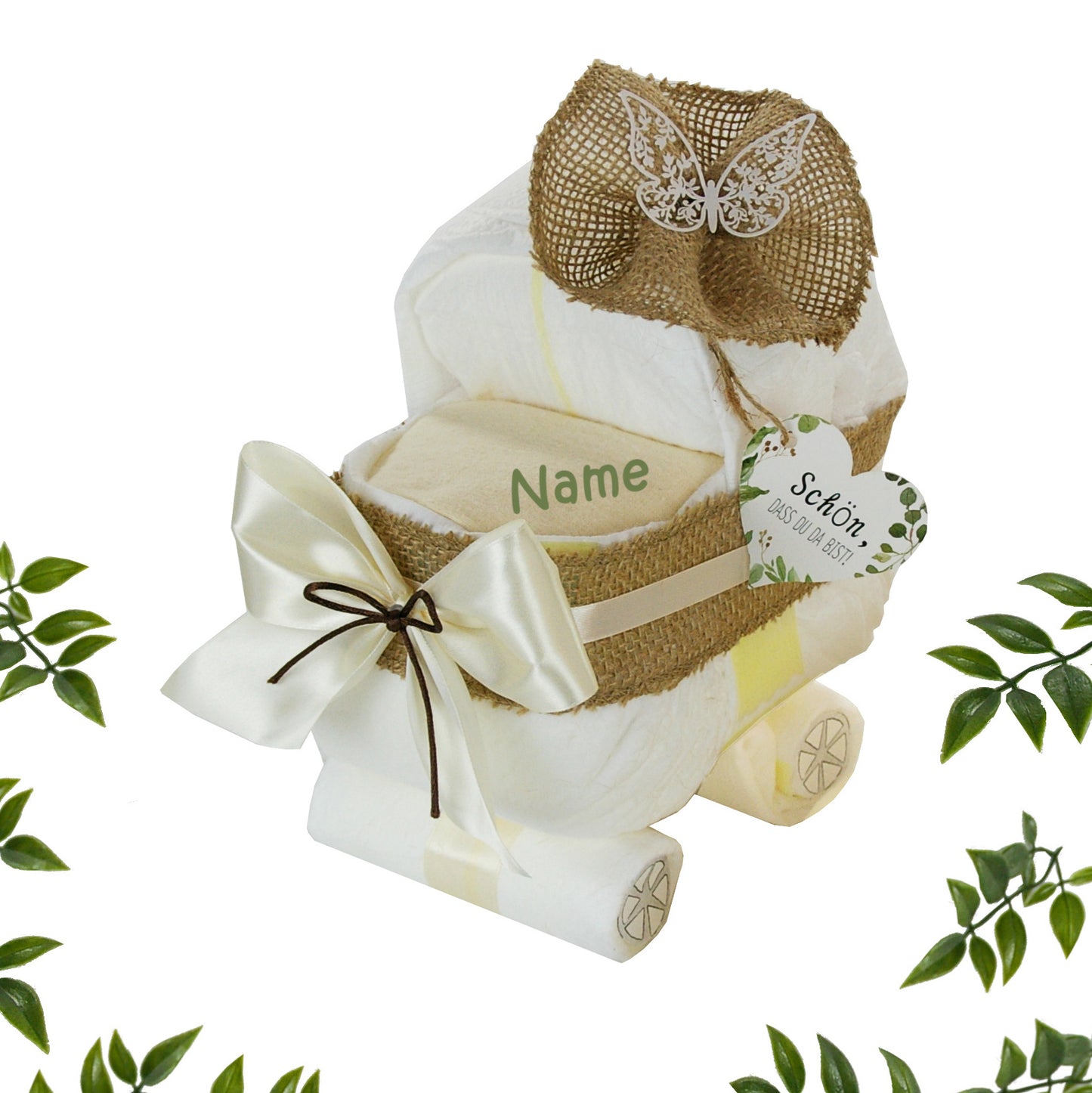 Windeltorte mit Name | Kleiner Windelwagen ALLES JUTE | zur Geburt Babyparty Babyshower | personalisiertes Baby Geschenk