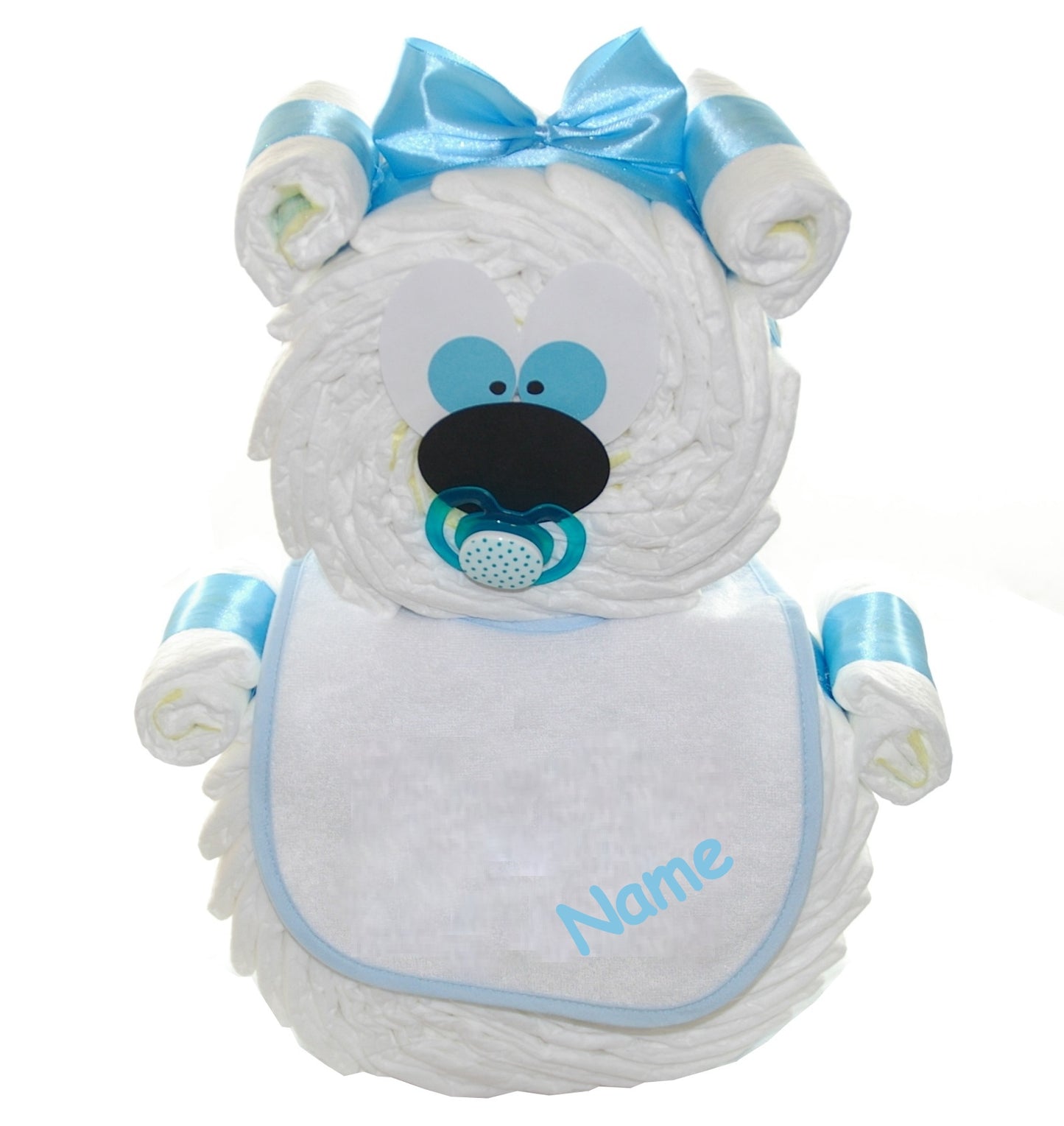 Bear made from white diapers with blue bow, pacifier and bib printed with “Name”