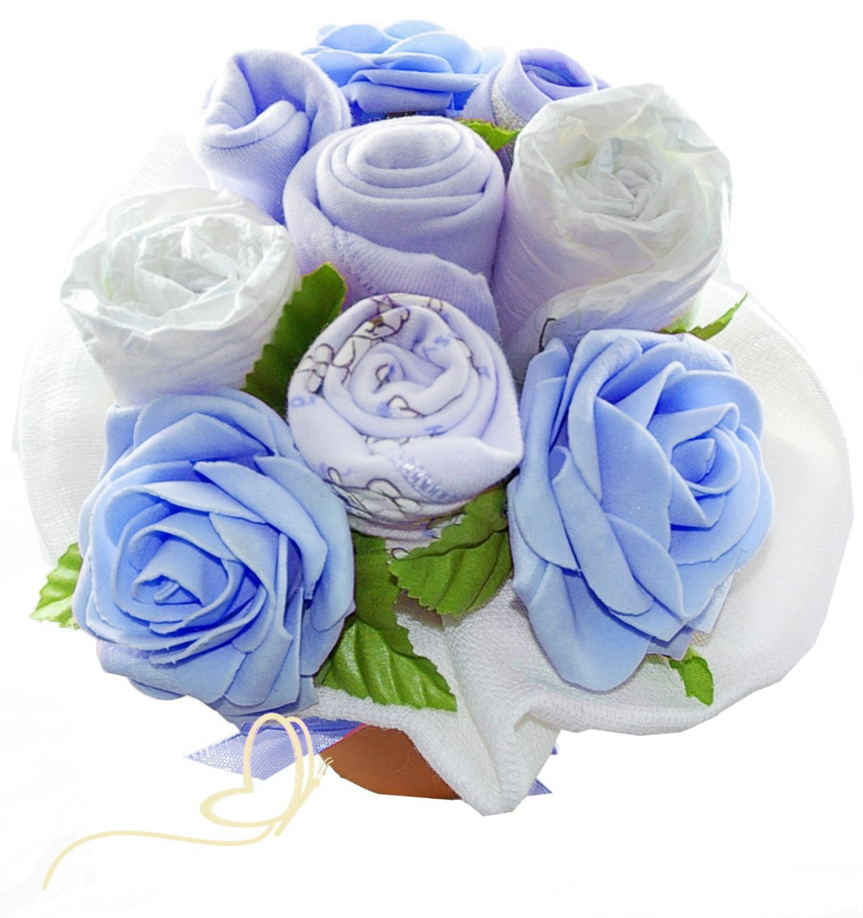 Windeltorte Blumenstrauß im Tontopf | 5-teiliges Babyset | blau