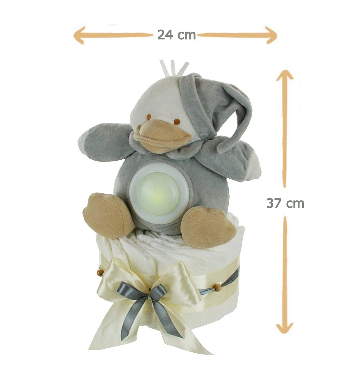 Windeltorte neutral | Baby Kuscheltier Ente mit LED-Nachtlicht 35cm