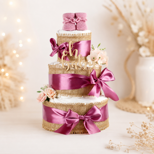 Große Windeltorte ALLES JUTE zur Geburt in Plum mit gestrickten Babybooties, Holz-Caketopper „Oh Baby“ und natürlicher Jute-Dekoration
