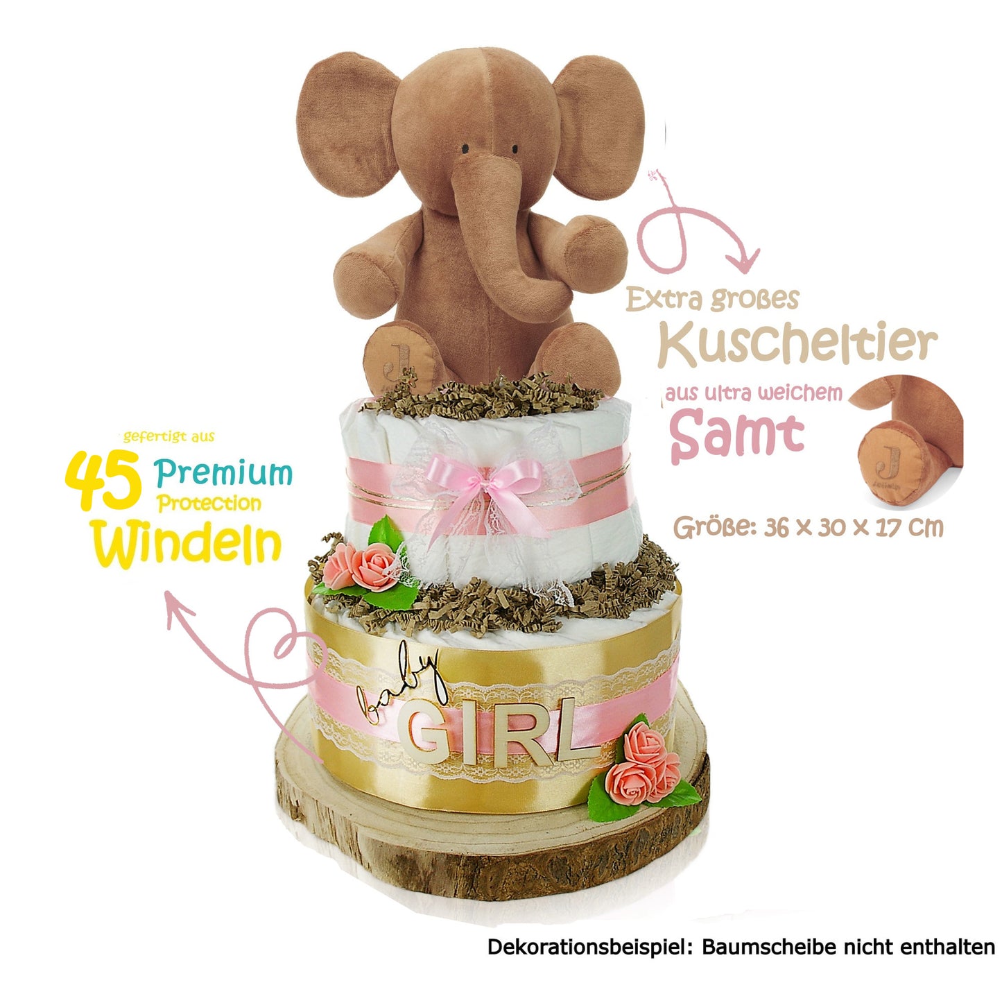 Große Windeltorte 2-stöckig | LITTLE PEANUT + große Elefanten Spieluhr