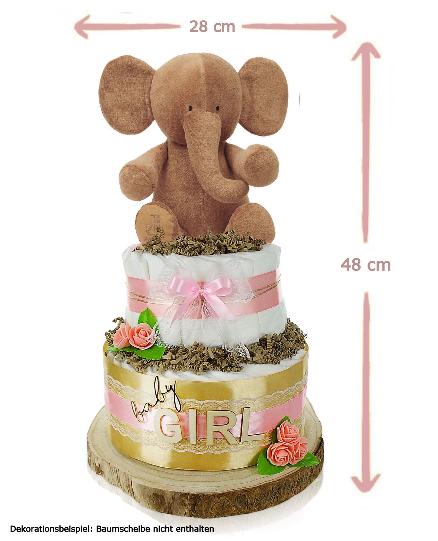 Size guide for the elephant diaper cake: 48 cm high and 28 cm wide; wood slice not included