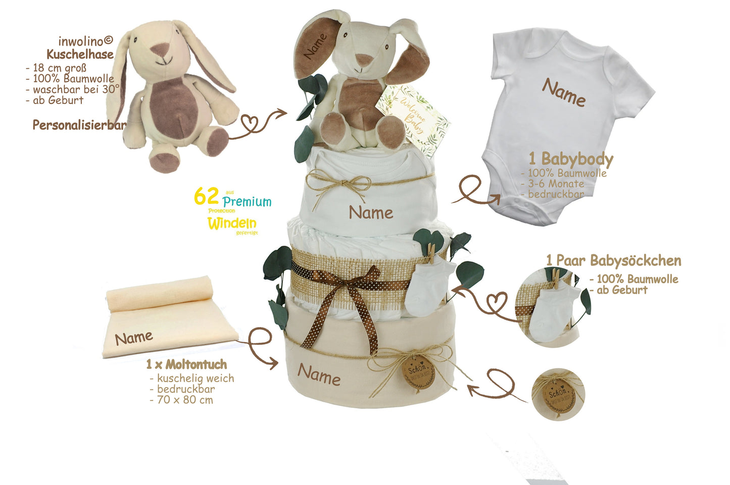 Windeltorte neutral | KUSCHELHASE | personalisierbar, creme/natur