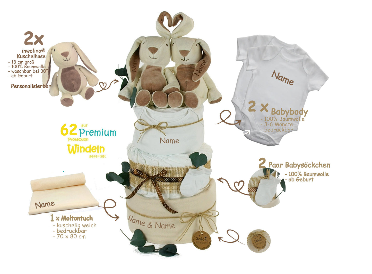 Windeltorte für Zwillinge neutral | 2 x KUSCHELHASE | personalisierbar, creme/natur