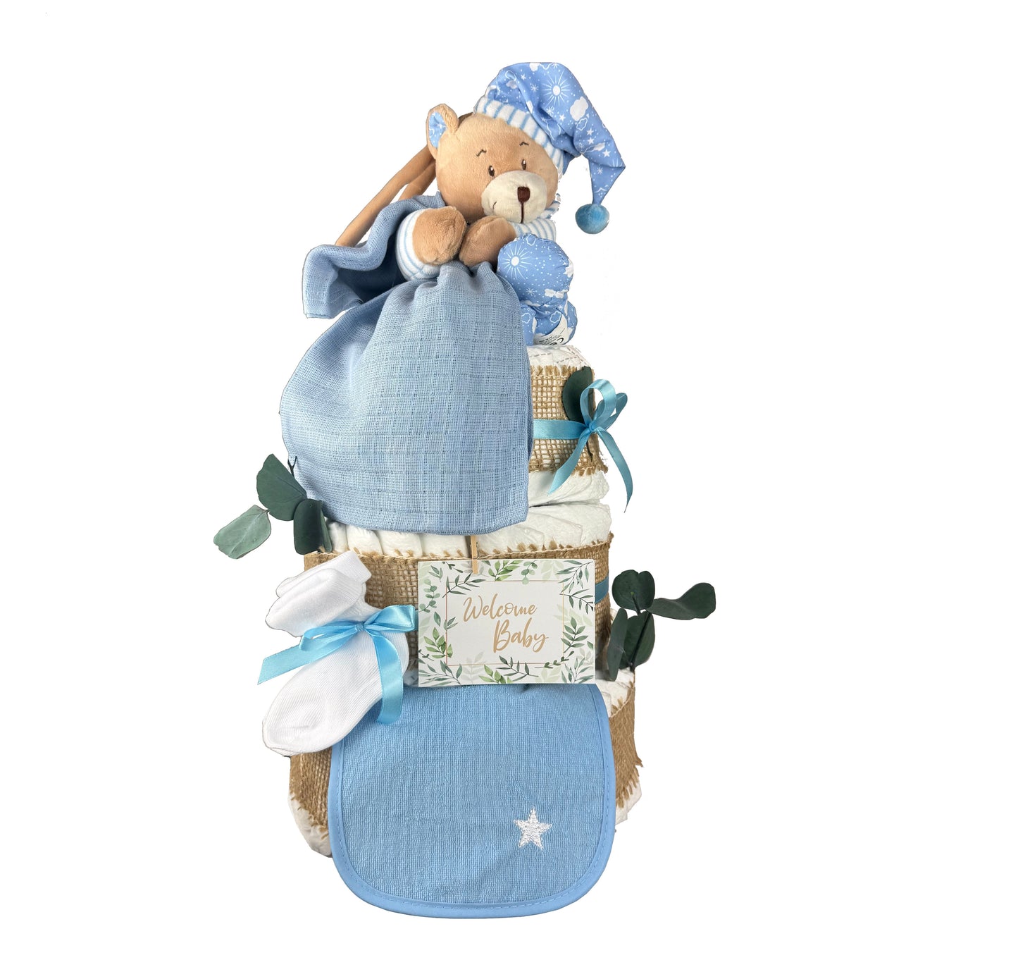 Blaue Windeltorte mit Spieluhr-Teddy, Musselintuch, Söckchen, Geschenkkarte und unbedrucktem Lätzchen