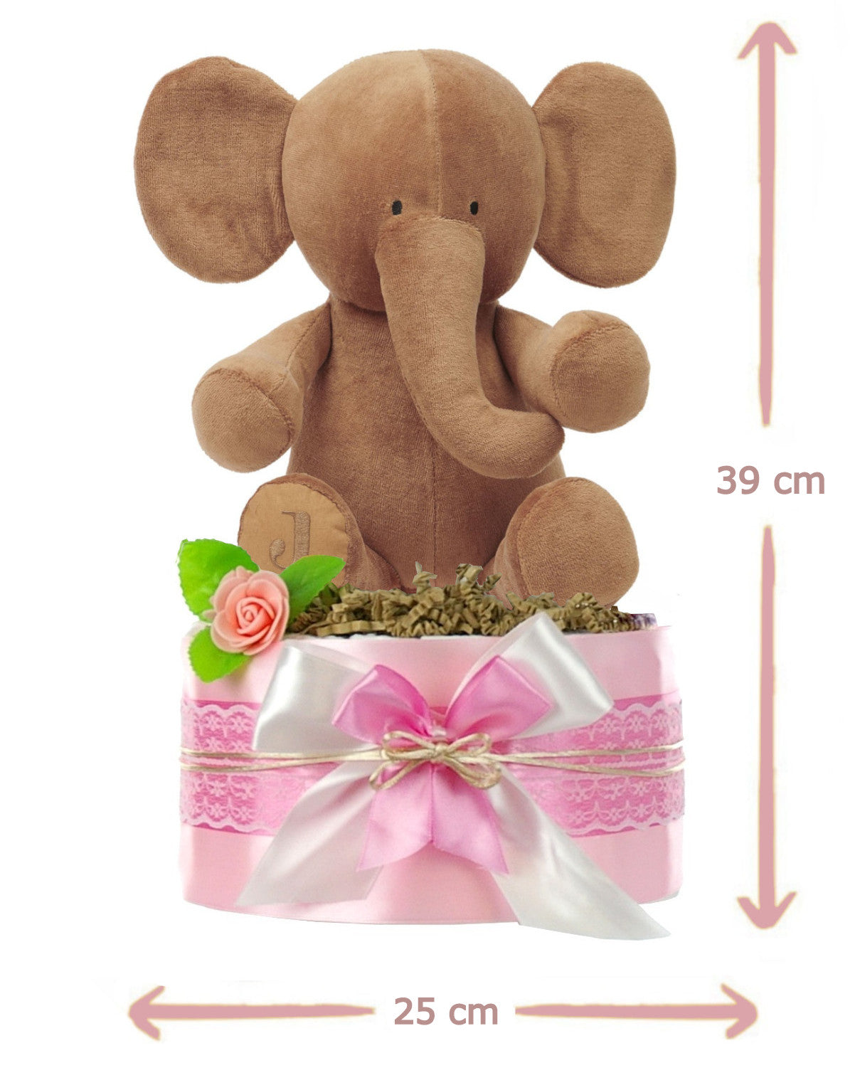 Pink diaper cake with brown elephant and dimensions: 39 cm high and 25 cm wide