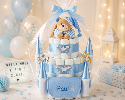 Personalisierte Windeltorte Schloss in Blau mit Musikspieluhr Bär und Geschenkverpackung – Geschenk zur Geburt eines Jungen