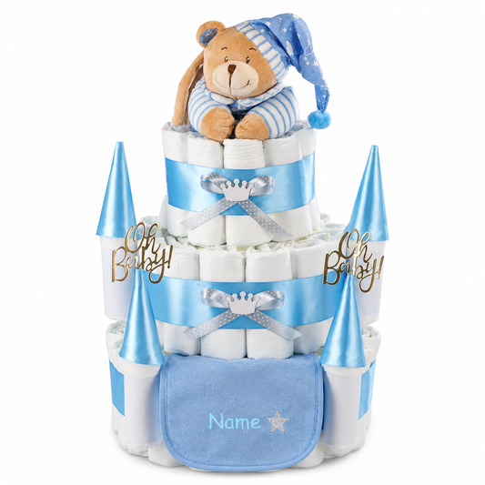 Personalisierte Windeltorte Schloss Blau mit Namen Paul und Kuscheltier.