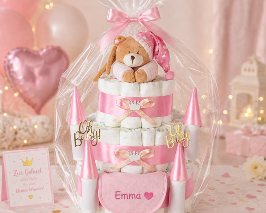 Windeltorte im Schlossdesign in Rosa mit Wunschname, Musikspieluhr Bär und Lätzchen – Geschenk zur Geburt eines Mädchens