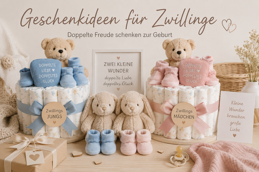 Windeltorte und Geschenk zur Geburt von Zwillingen mit Dekoration und Glückwünschen