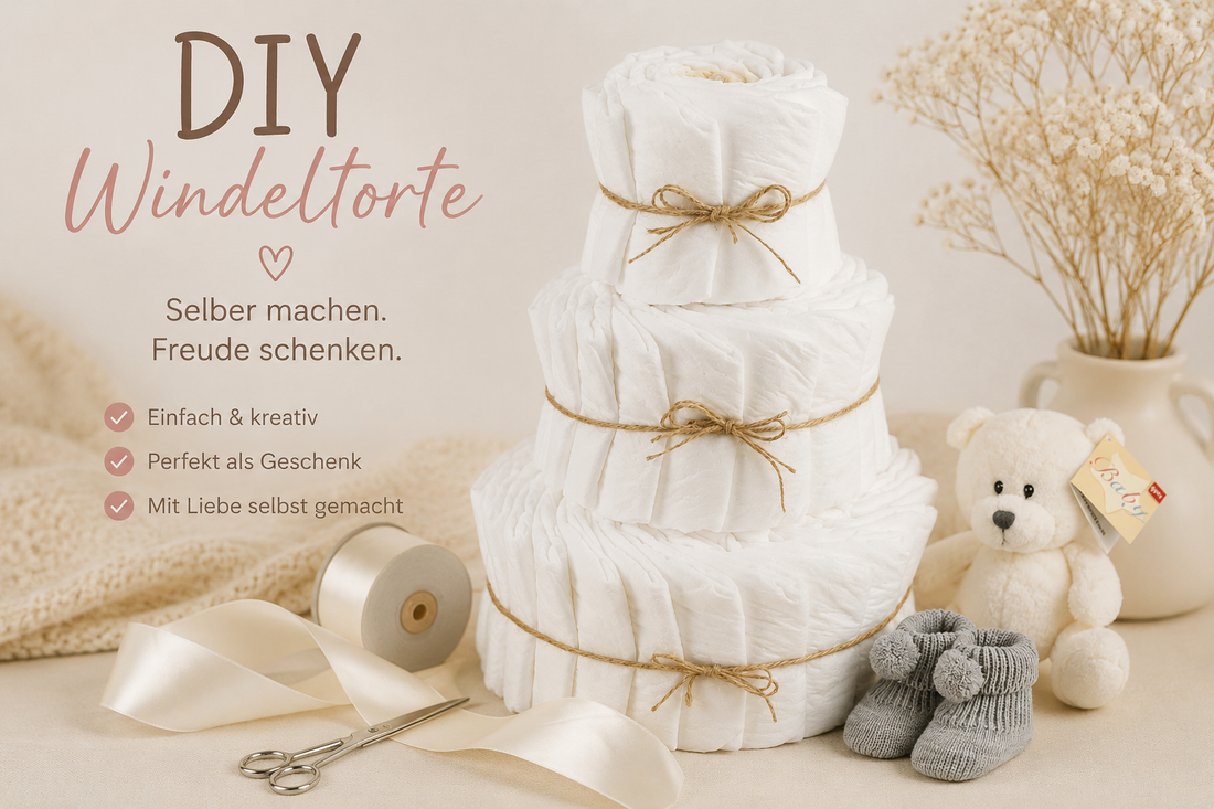DIY Windeltorte selber basteln it Bastelmaterial und Babyzubehör
