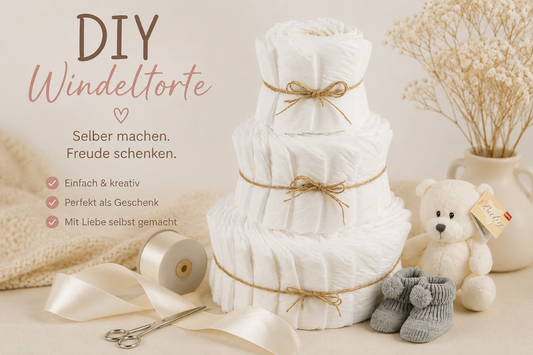 DIY Windeltorte selber basteln it Bastelmaterial und Babyzubehör