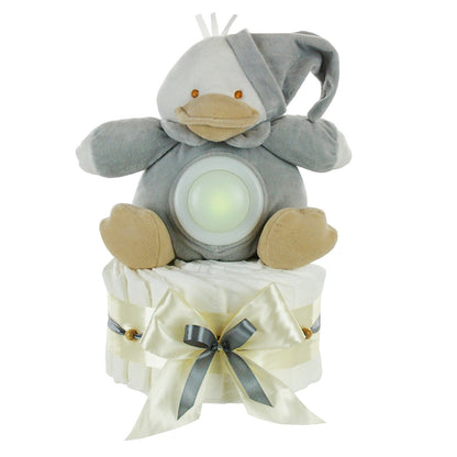Windeltorte neutral | Baby Kuscheltier Ente mit LED-Nachtlicht 35cm