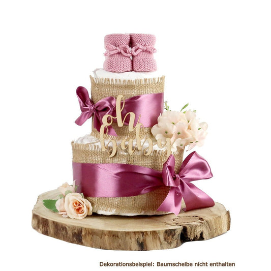 2-stöckige Windeltorte ALLES JUTE zur Geburt in Plum mit Pampers Premium Protection Windeln, gestrickten Babybooties und Jute-Dekoration 2