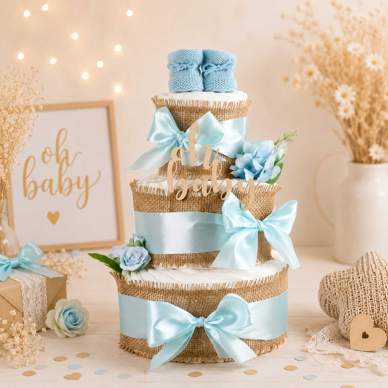 3-stöckige Windeltorte ALLES JUTE zur Geburt in Blue mit Pampers Premium Protection Windeln, gestrickten Babybooties und Jute-Dekoration 