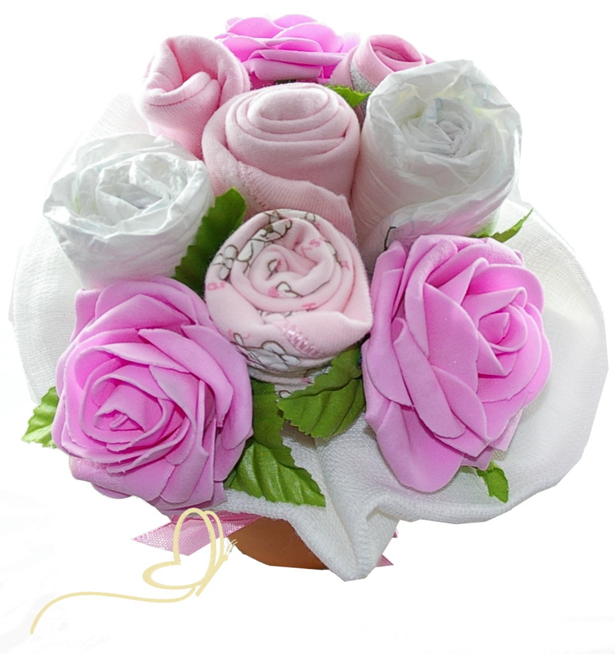 Windeltorte Blumenstrauß im Tontopf | 5-teiliges Babyset | rosa