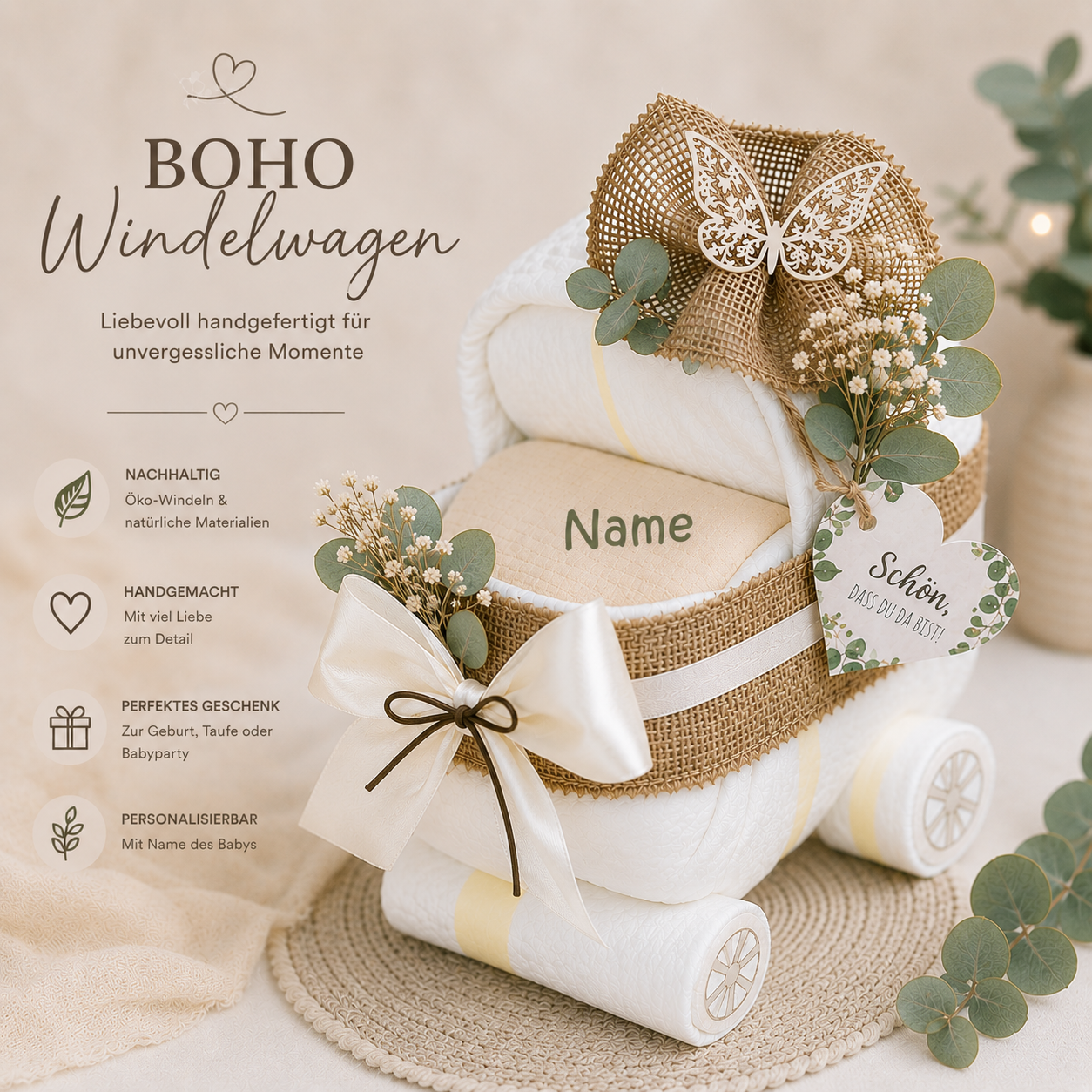 Boho Windeltort Windelwagen mit Namen bedruckt mit Trockenblumen und Naturdeko