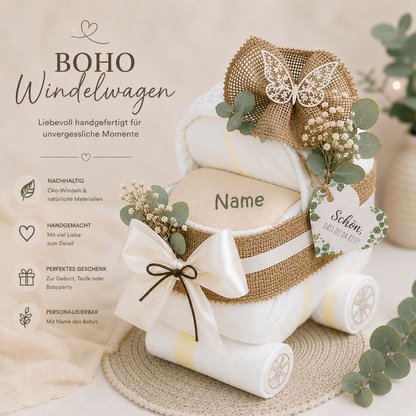 Boho Windeltort Windelwagen mit Namen bedruckt mit Trockenblumen und Naturdeko