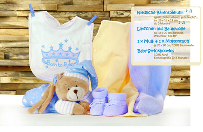 Geschenkbox zur Geburt SPIELUHR TEDDYBÄR | Geschenkkorb 6-teilig blau