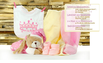 Geschenkbox zur Geburt SPIELUHR TEDDYBÄR | Geschenkkorb 6-teilig rosa