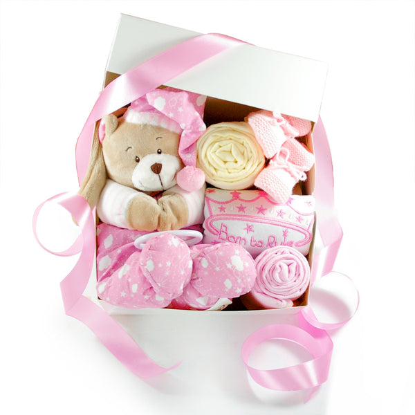 Geschenkbox zur Geburt SPIELUHR TEDDYBÄR | Geschenkkorb 6-teilig rosa