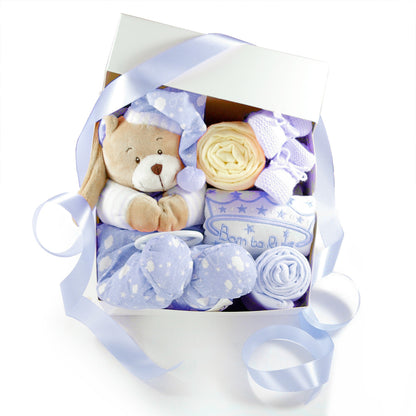 Geschenkbox zur Geburt SPIELUHR TEDDYBÄR | Geschenkkorb 6-teilig blau