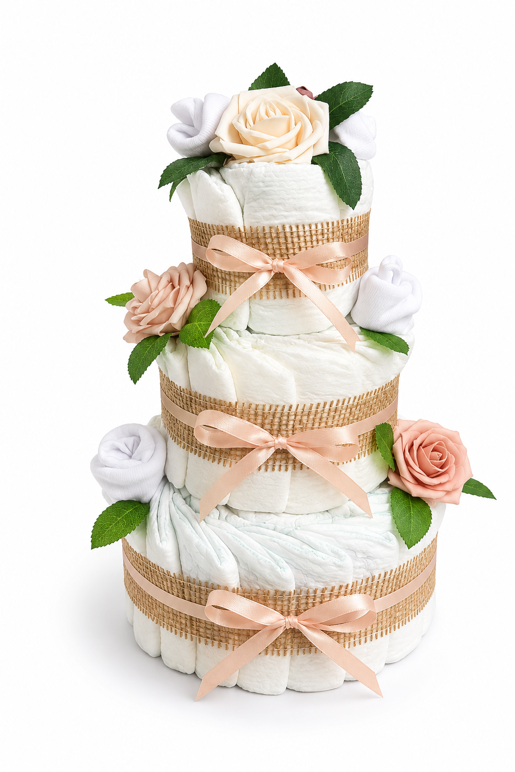 Große Windeltorte Rosenblüte | 3-stöckig neutral boho
