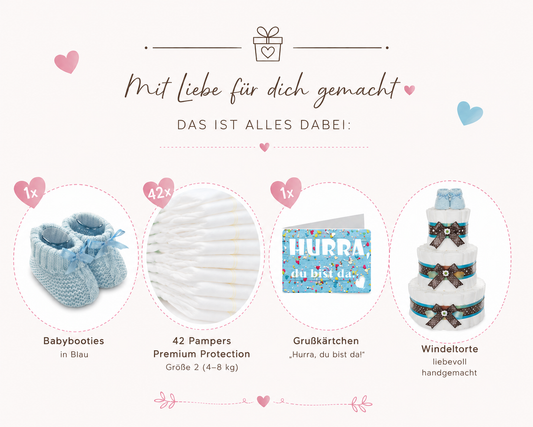 Diaper cake contents: blue baby booties, 42 size 2 Pampers, a greeting card and a 3-tier cake