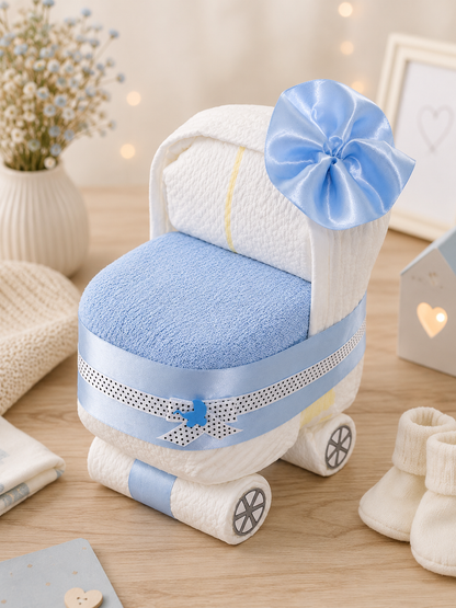 Blue diaper stroller with satin bow, surrounded by baby booties and charming nursery decorations