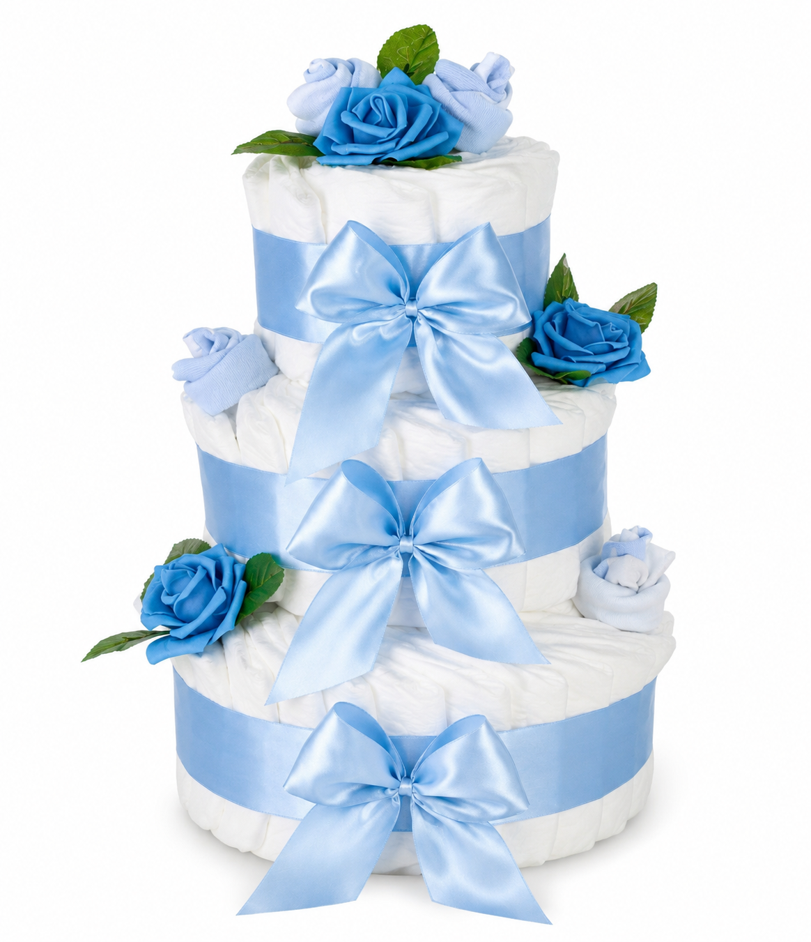 Three-tier diaper cake with pale blue bows, blue roses and baby socks on white