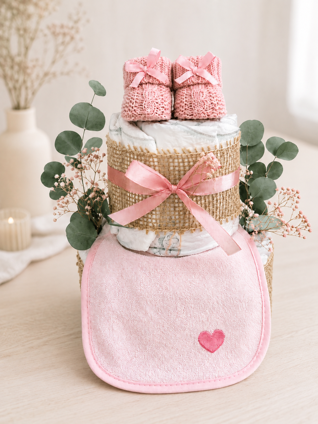 Windeltorte Rosa mit Lätzchen & Booties