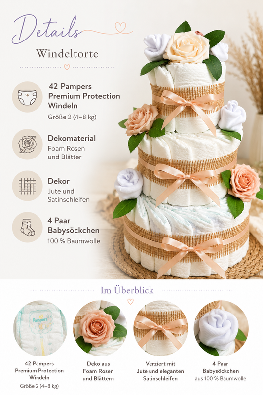 Details: 42 Pampers size 2 diapers, four pairs of cotton socks, foam roses, jute and satin bows