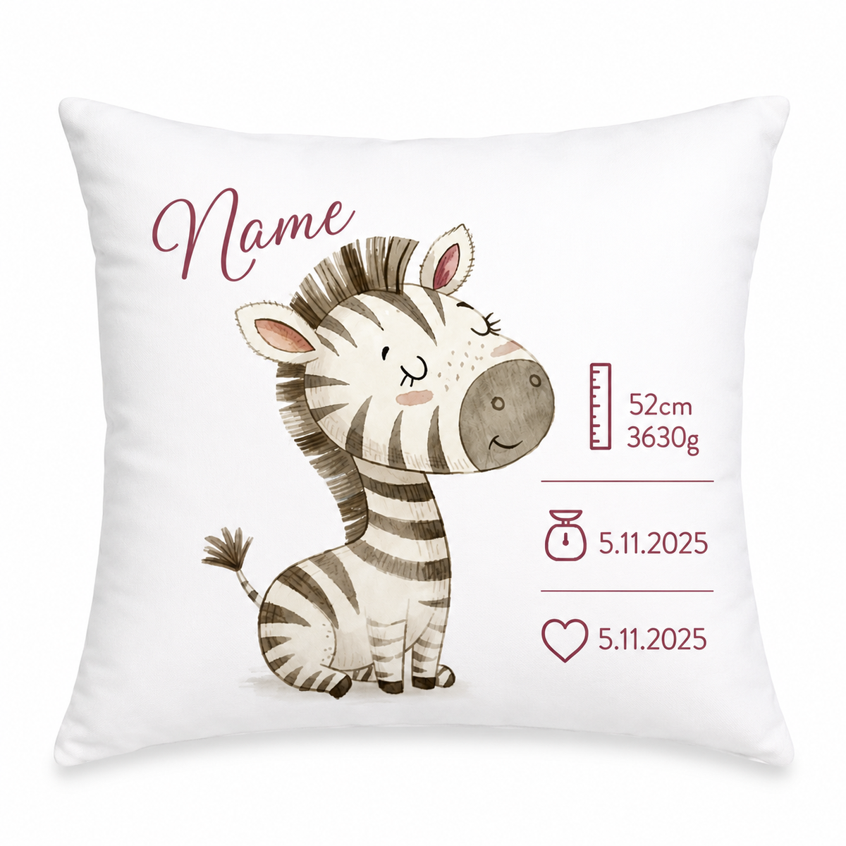 White baby cushion with zebra, burgundy name field, 52 cm, 3630 g and the date 5.11.2025 shown twice