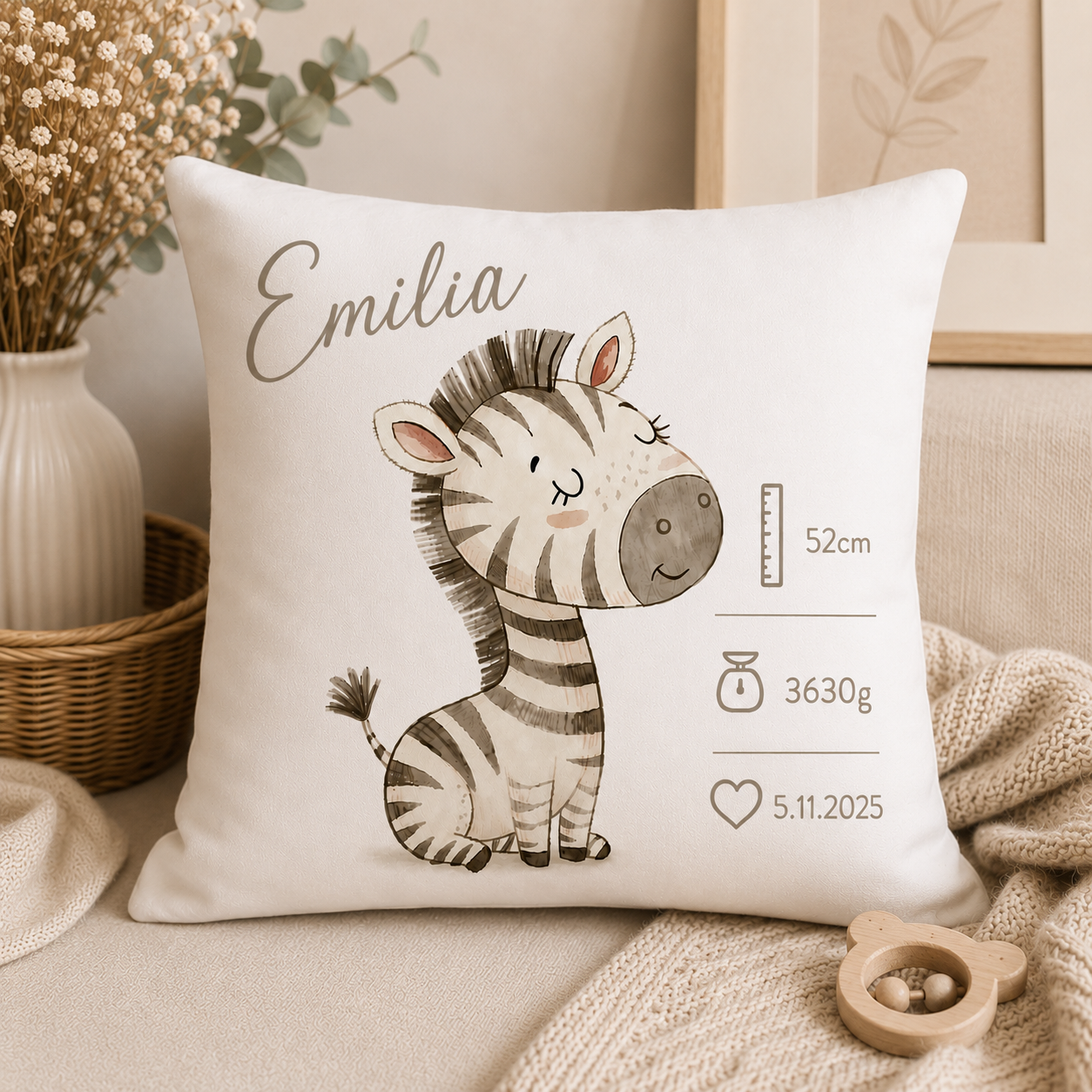 Personalisiertes Baby Dekokissen Zebra - Farbwahl