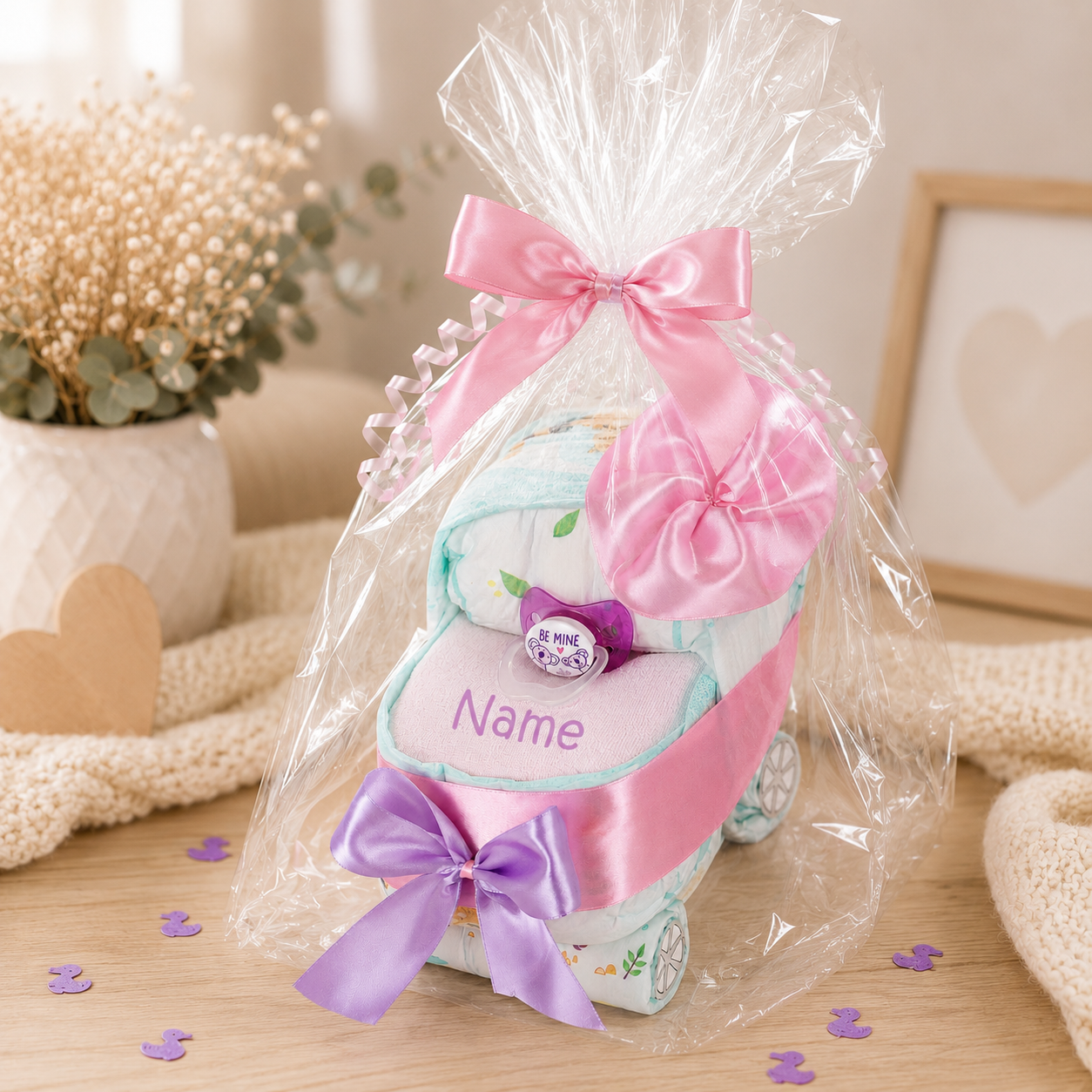 Windeltorte Windelwagen + Baby Lätzchen mit Namen bedruckt rosa