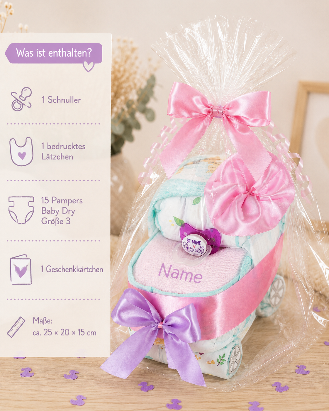 Windeltorte Windelwagen + Baby Lätzchen mit Namen bedruckt rosa