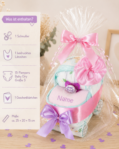 Windeltorte Windelwagen + Baby Lätzchen mit Namen bedruckt rosa