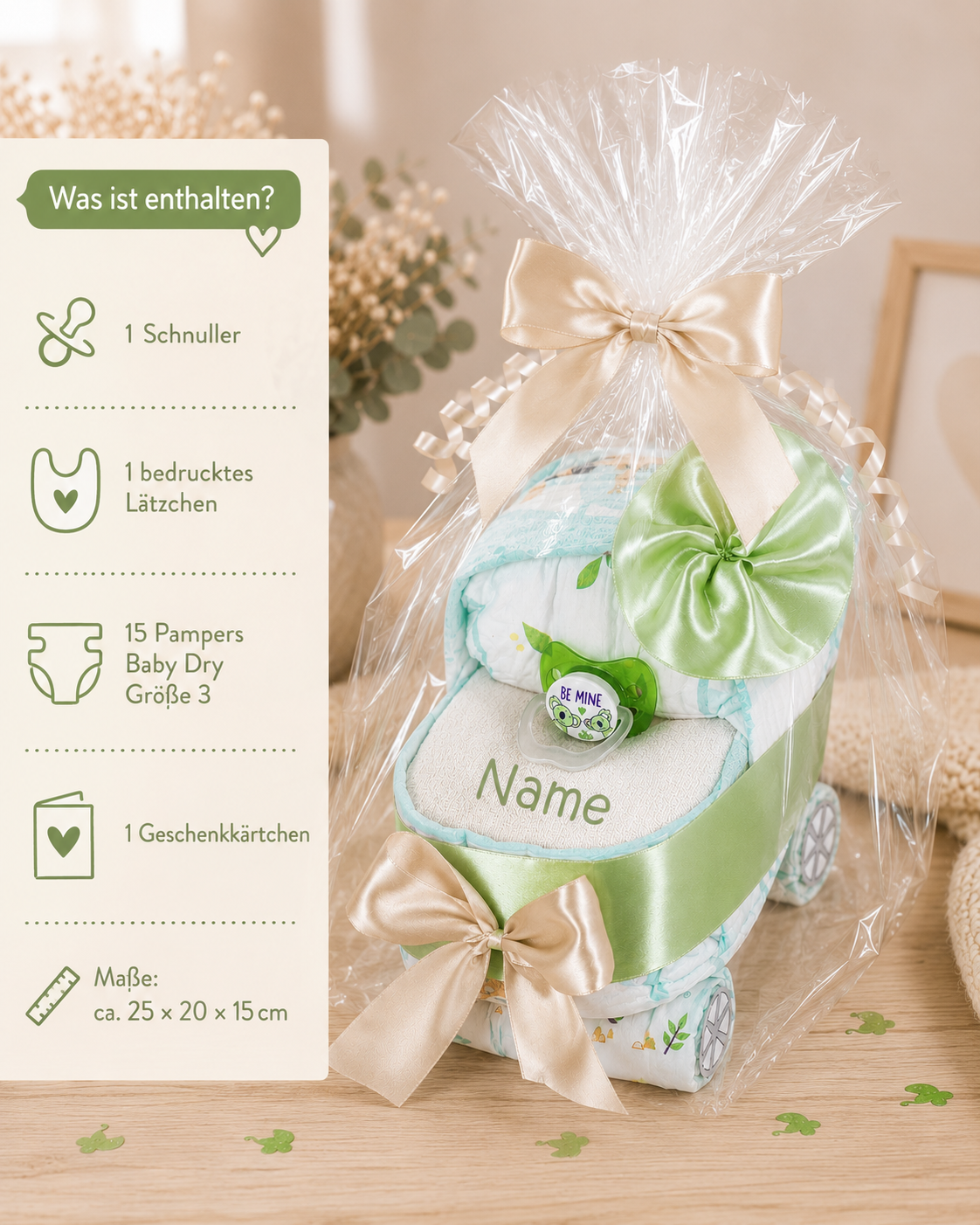 Windeltorte Windelwagen + Baby Lätzchen mit Namen bedruckt grün
