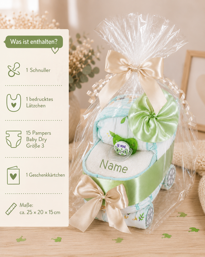 Windeltorte Windelwagen + Baby Lätzchen mit Namen bedruckt grün
