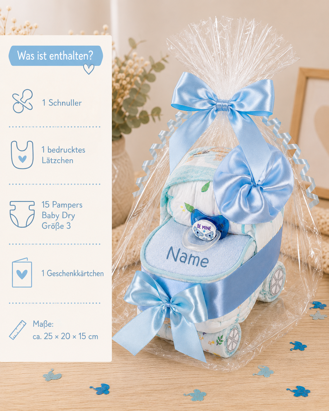 Windeltorte Windelwagen + Baby Lätzchen mit Namen bedruckt blau