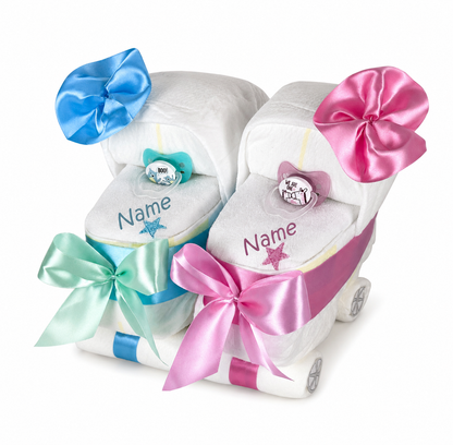 Windeltorte Zwillingswagen rosa/blau personalisierbar