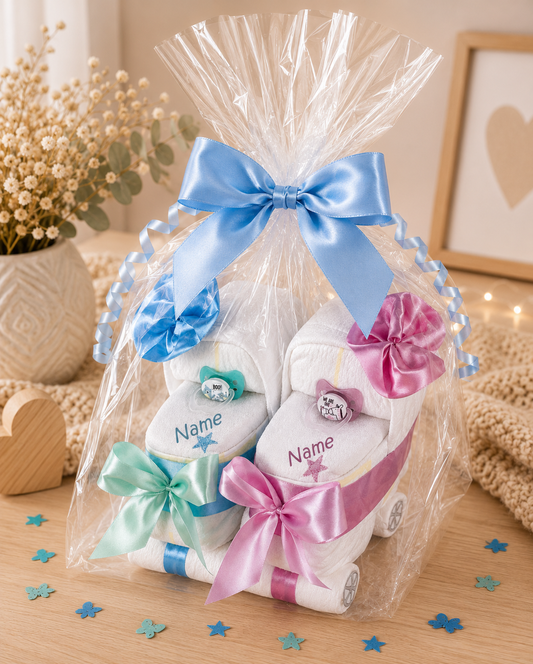 Windeltorte Zwillingswagen rosa/blau personalisierbar