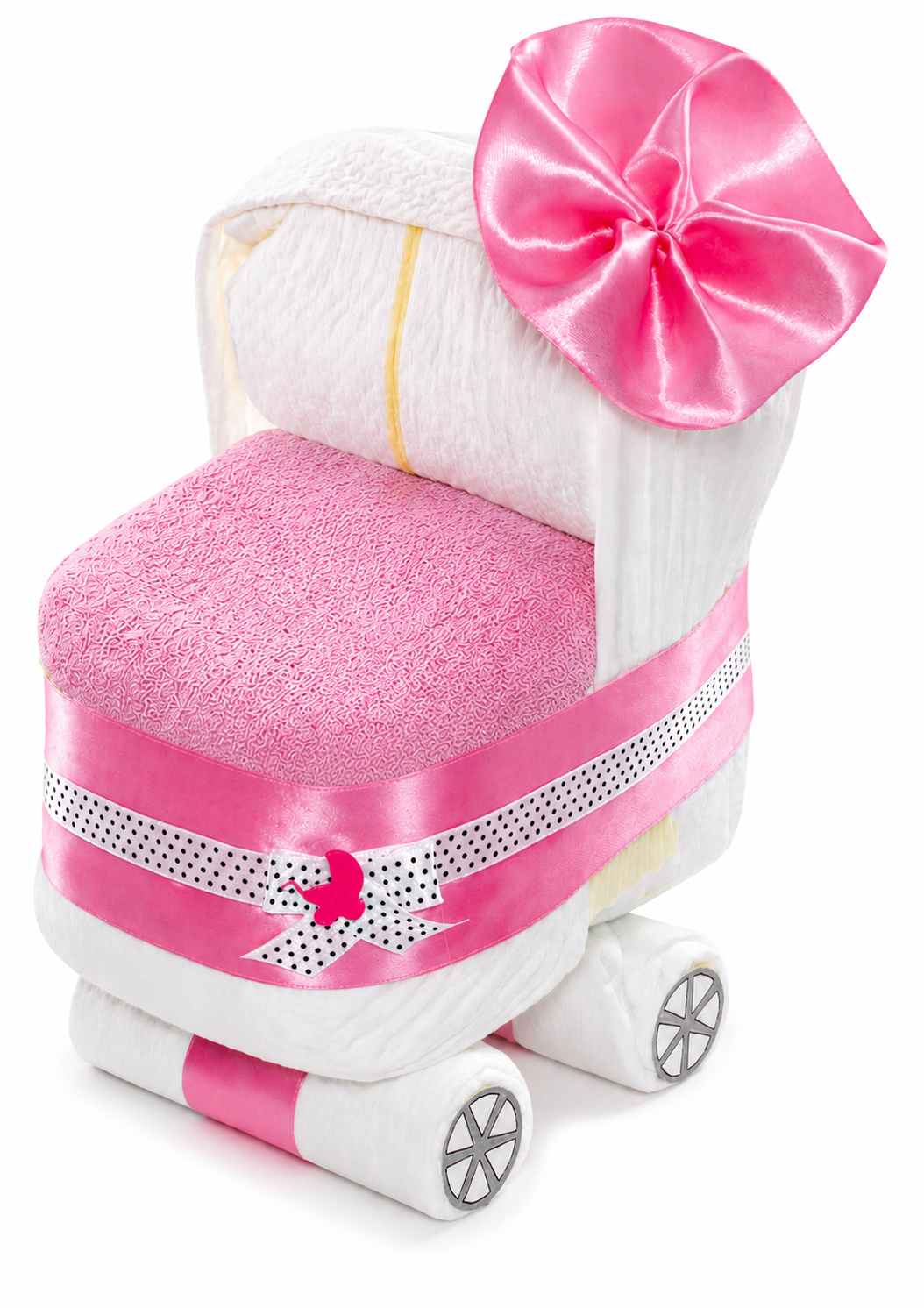 Pink diaper stroller made of white diapers with a large satin bow, polka-dot ribbon and four wheels