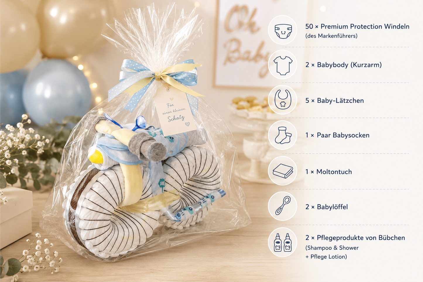 Wrapped diaper motorcycle with blue-yellow bow, “For a little treasure” gift tag and contents list