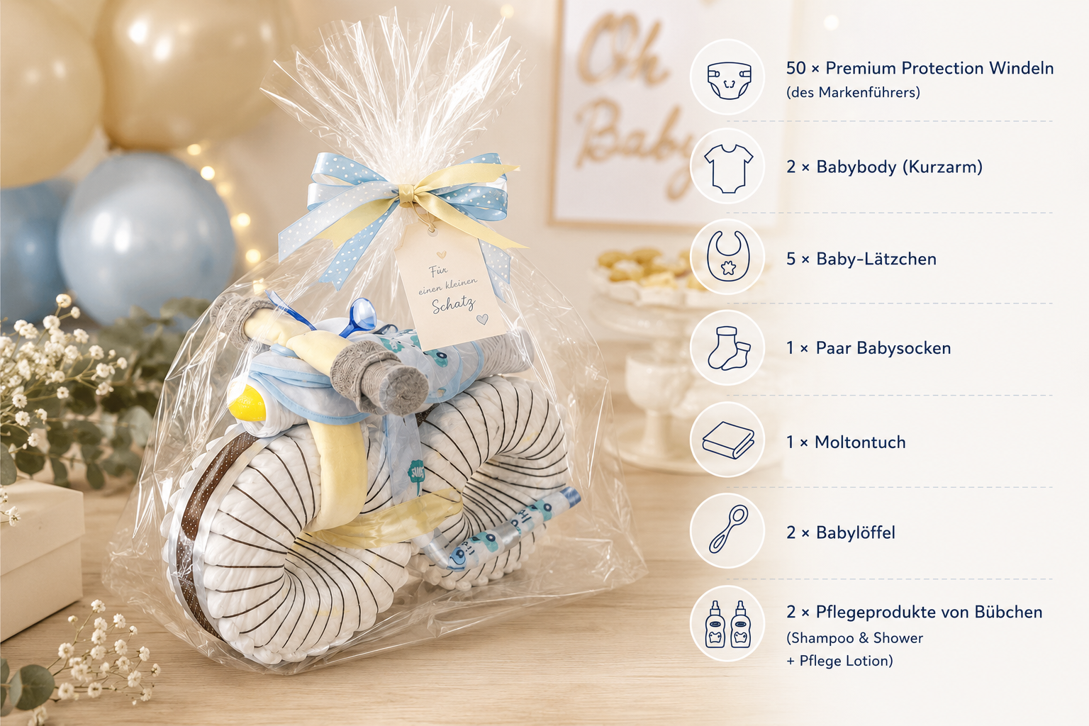 Wrapped diaper motorcycle with blue-yellow bow, “For a little treasure” gift tag and contents list