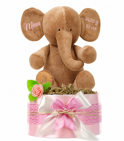 Pink diaper cake with elephant on white, personalized with Mina, birth weight 3420 g and length 52 cm
